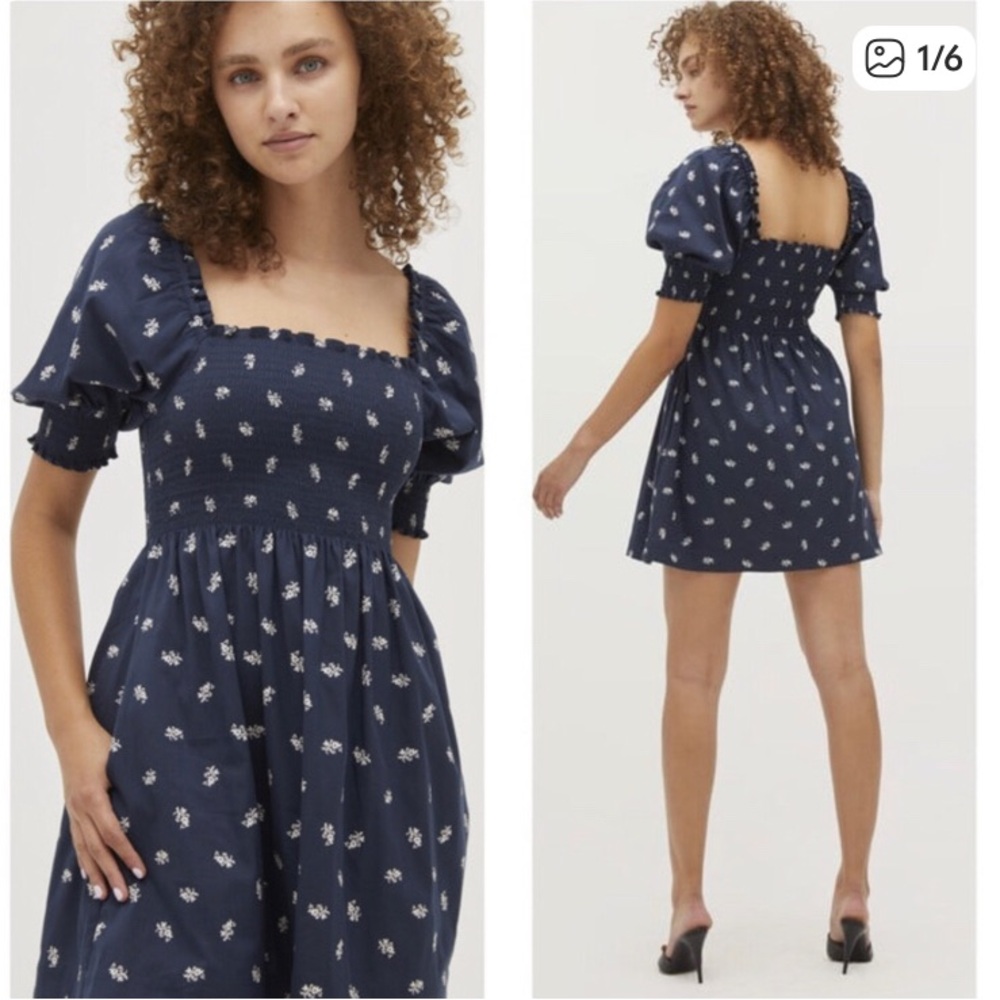 Hill House | Athena Mini Dress Smocked Bodice Navy Square-Neck